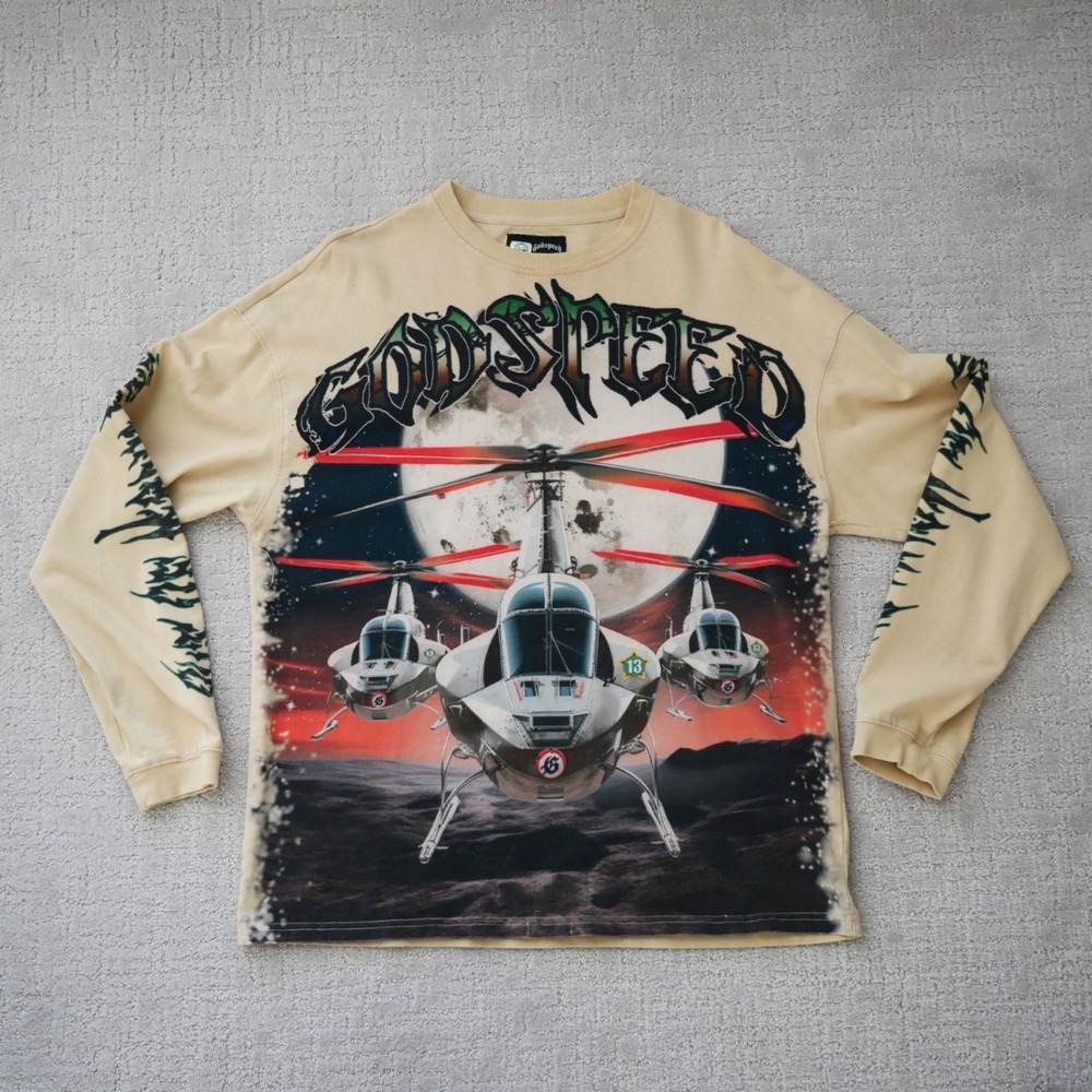 Godspeed Rarity Collection MMXXIV Helicopter Graphic Long Sleeve Shirt Tan S